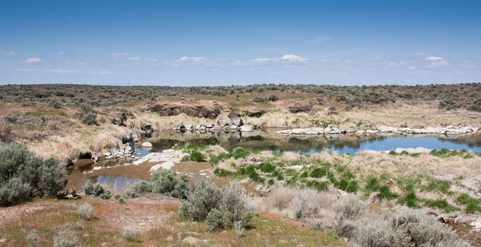 Rocky desert lake shore with grass and blue sky