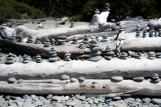 Flat stones in stacks on driftwood logs