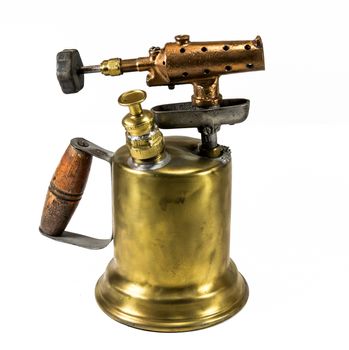 Old fashioned brass blow torch with wooden handle and bronze nozzle 2