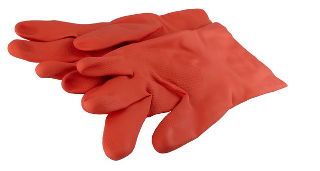 Red rubber glove pair side view showing left and right