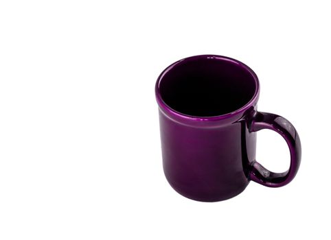 Purple ceramic empty coffee cup with a black inside on a white background