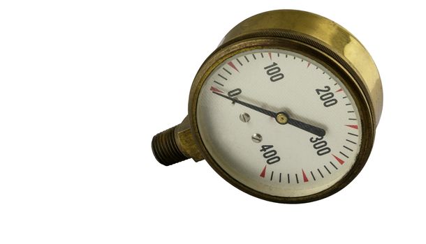 Antique vintage brass pressure gauge with threaded pipe fitting on a white background