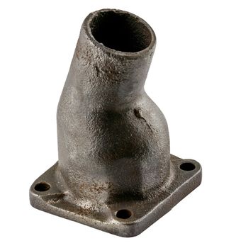 Antique vintage american automobile cast iron thermostat housing assembly on a white background