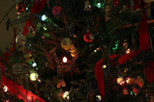 Closeup of a lit Christmas Tree with oranaments
