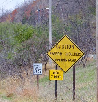 Yellow caution for winding road and speed limit signs show on a road side.
