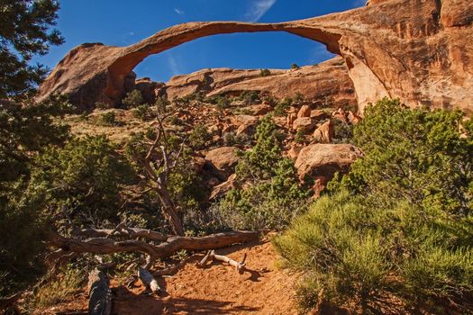 The Landscape Arch is the longest of all the natural rock arches in the Arches National Park in Utah, United States.