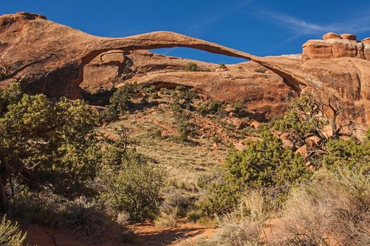 The Landscape Arch is the longest of all the natural rock arches in the Arches National Park in Utah, United States.