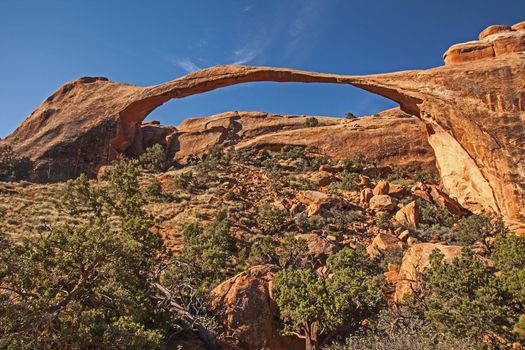 The Landscape Arch is the longest of all the natural rock arches in the Arches National Park in Utah, United States.