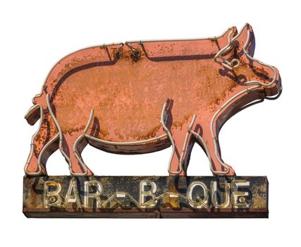 Isolated Grungy Rustic Old Neon Pig Sign For A Bar-B-Que (Barbecue) Diner