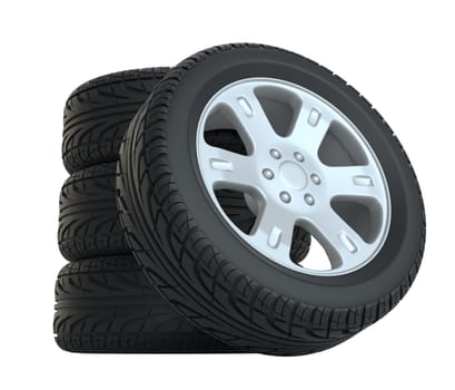 Stack of wheels. 3d illustration. Isolated white background