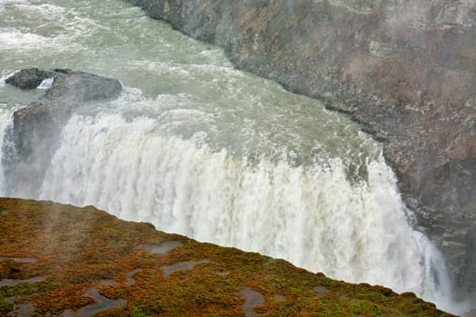 Closeup of the powerful Gullfoss waterfall in Iceland