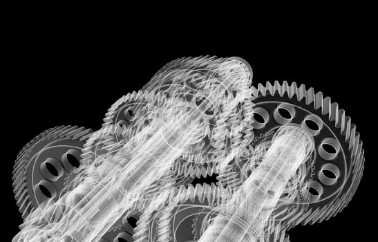 The mechanism consists of gears, shafts and bearings. Diagnosis of machine failure.. Isolated X-ray render on a black background. 3d illustration