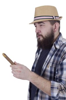 young man with a beard and a cigar in a straw hat
