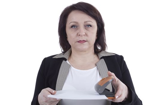 Business woman working with a punch on a white background
