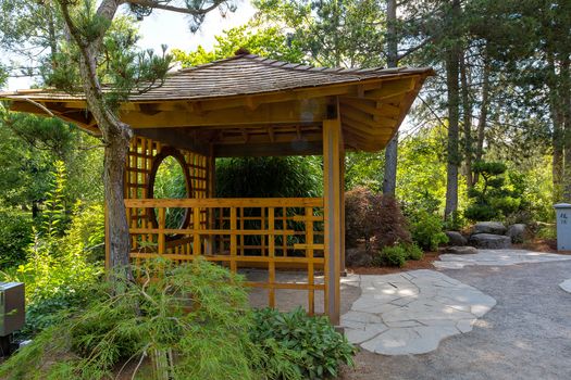 Wooden Gazebo at Tsuru Island Japanese Garden in Gresham Oregon city park