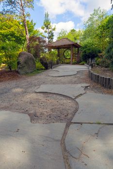 Stone steps to Gazebo at Tsuru Island Japanee Garden in Gresham Oregon downtown city park