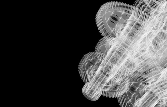 The mechanism consists of gears, shafts and bearings. Diagnosis of machine failure.. Isolated X-ray render on a black background. 3d illustration