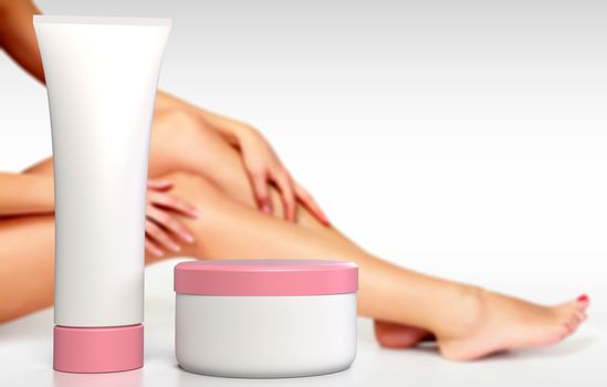 Long female legs and hands with anti-cellulite cream in tube and jar.