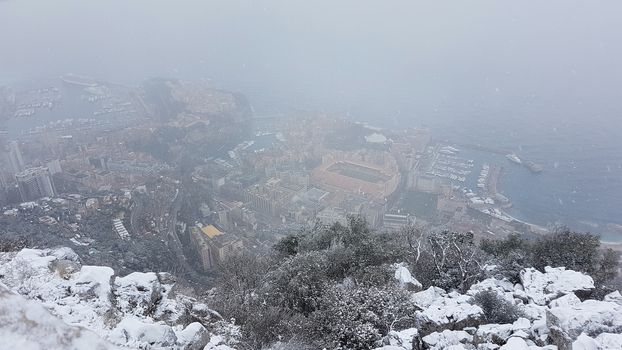 Beautiful Panoramic Aerial View of Monaco Under The Snow. Landscape of The French Riviera in Winter