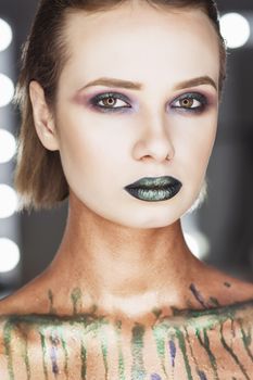 Fashion Green Sexy Lips and Closeup. Open Mouth. Make up concept. Kiss.