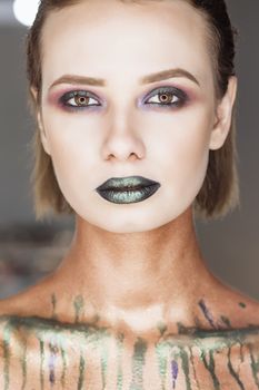 Fashion Green Sexy Lips and Closeup. Open Mouth. Make up concept. Kiss.