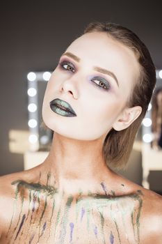 Fashion Green Sexy Lips and Closeup. Open Mouth. Make up concept. Kiss.