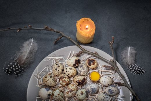quail eggs in a plate on a dark background