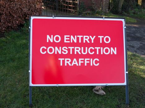 red construction site sign no entry to construction traffic; essex; england; uk