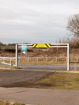 max height 21m road sign yellow and black petal post gate; essex; england; uk