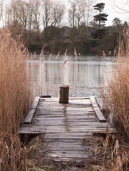 cold lake autumn winter landscape pontoon scene wooden stump reeds close up; essex; england; uk