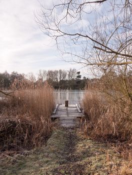 cold lake autumn winter landscape pontoon scene wooden stump reeds; essex; england; uk