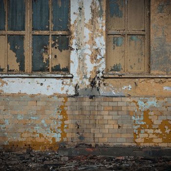 wide angle view of an old wall abandoned factory building