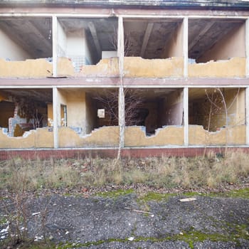wide angle view of an old wall abandoned factory building