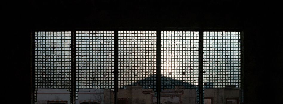 wide angle view of an old wall abandoned factory building