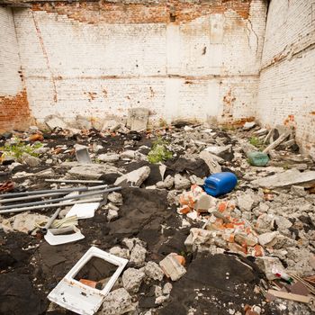 wide angle view of an old wall abandoned factory building