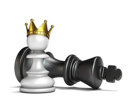White pawn has won black king 3D render illustration isolated on white background
