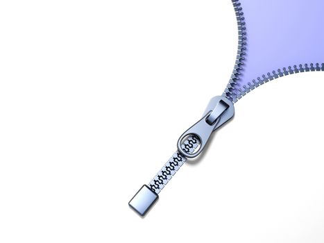 Metal zipper on purple background diagonal view 3D render illustration isolated on white