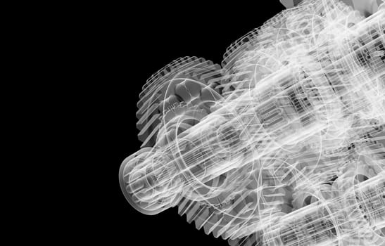 The mechanism consists of gears, shafts and bearings. Diagnosis of machine failure.. Isolated X-ray render on a black background. 3d illustration