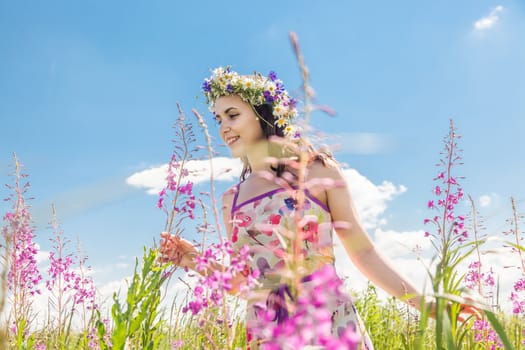 Portrait of the beautiful girl in the field in flowers