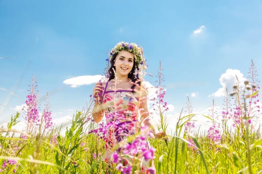 Portrait of the beautiful girl in the field in flowers