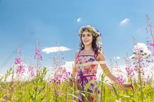 Portrait of the beautiful girl in the field in flowers