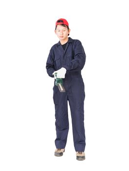 Young gardener in uniform hold lawn mower is a garden tools ,Cut out isolated on white background