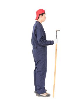 Young gardener in uniform with garden tools ,Cut out isolated on white background