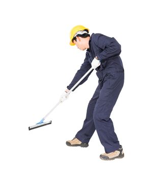 Young man in uniform hold mop for cleaning glass window, Cut out isolated on white background