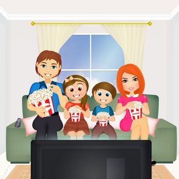 illustration of family watches a movie on tv