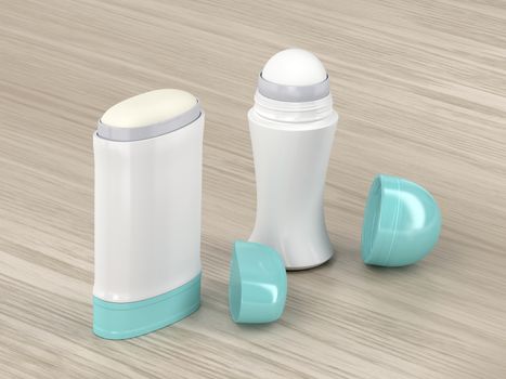 Antiperspirant roll-on and stick on wooden table