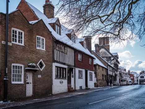 EAST GRINSTEAD, WEST SUSSEX/UK - FEBRUARY 27 : View of the High Street in East Grinstead on February 27, 2018. Unidentified people