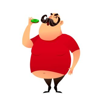 Fat guy takes a bite of a donut. Funny cartoon obesity man in a T-shirt with a naked belly. Puffy mustachioed big happy character in flat style. Unhealthy food and harmful lifestyles concept.