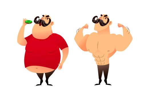 A fat guy and an athlete. Before and after. Doing sports and eating healthy concepts. A man with obesity is eating a donut. The strongman and the wrestler show their muscles. Successful weight loss and great shape