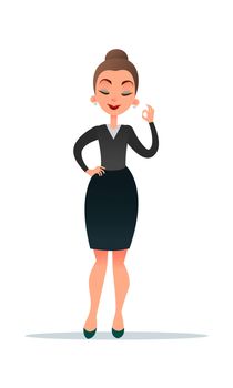 Well done. Good work. Beautiful cartoon businesswoman smiling and showing OK sign. Business woman showing okay sign.